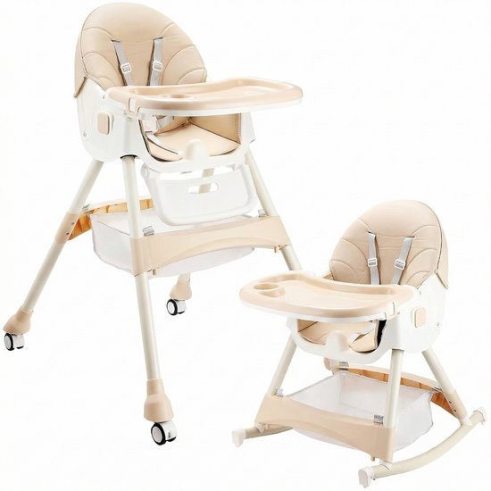 ComfyKidz® 4-in-1 Kinderstoel met Schommelfunctie Inklapbaar - Premium Meegroeistoel 0 tot 5 Jaar met Voetensteun- Kinderstoeltje- Peuterstoel - Baby Eetstoel met Wieltjes - Beige van Merkloos