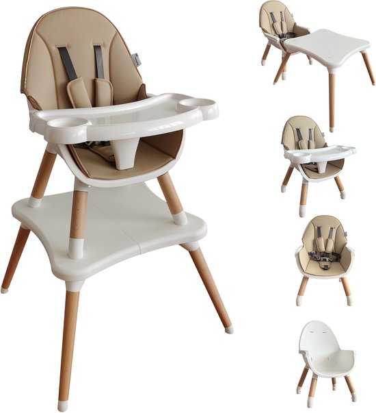 ComfyKidz® 5 in 1 MultiSeat Latte - Kinderstoel incl. Speeltafel | Premium 5 in 1 Houten Eetstoel Baby & Peuterstoel | Lichtbruin/Wit | 6 Maanden tot 6 Jaar van Merkloos