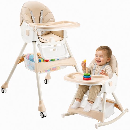 ComfyKidz® Inklapbare 4 in 1 Kinderstoel met Schommelfunctie - Met Voetensteun - Meegroeistoel met Opbergmand - 6 Maanden tot 5 Jaar - Peuterstoel - Baby Eetstoel met Wieltjes - Beige