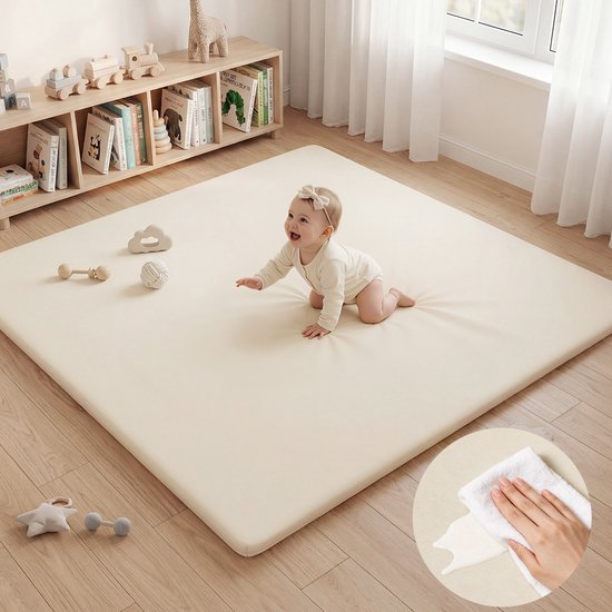 COMOMY Baby Speelmat 127x127x3 cm – Extra Dikke & Zachte Schuim Krabbelmat voor Baby's en Kinderen – Veilig Speelkleed & Kruipmat voor Binnenvloer – Crèmewit