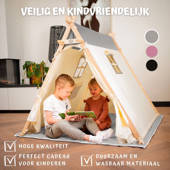 Confidento Tipi Speeltent - Grijze Kindertent voor Binnen & Buiten - Inclusief Comfortabele Speelmat - 130cm Hoog - Duurzaam Katoen