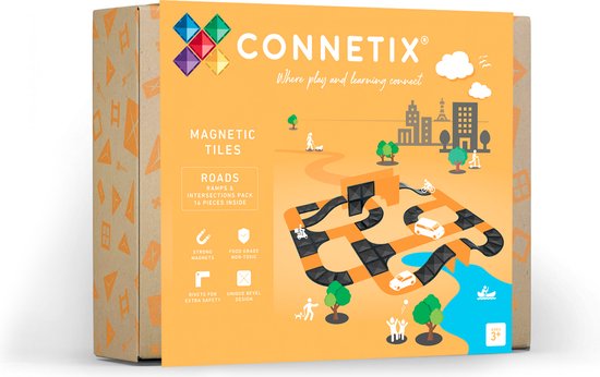 CONNETIX - Magnetisch Tegels - Wegen Hellingen en Kruispunten Verpakking - 16 Stuks - Magnetisch Speelgoed