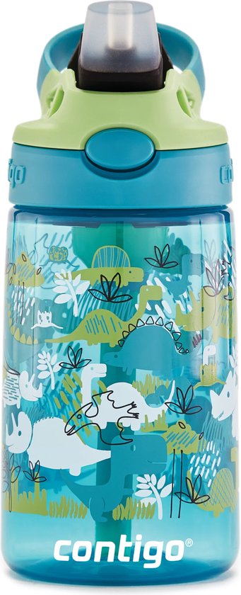 Contigo Easy Clean Autospout kinderdrinkfles met rietje, BPA-vrije stevige waterfles, 100% lekvrij, eenvoudige reiniging, ideaal voor kinderdagverblijf, kleuterschool, school en sport, 420 ml | Dino Boy van Merkloos