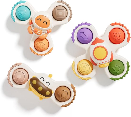 COOAU - 3 Stuks Ruimte Zuignap Spinner Speelgoed voor Baby - Astronaut Raket UFO Zintuiglijk Fidget Speelgoed - Montessori Pop It Siliconen Bijtspeelgoed - Peuter Bad Eetstoel Raam Reisspeelgoed 1-3 Jaar