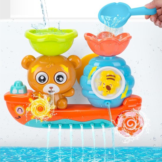COOAU - Beer Bij Boot Waterval Bad Speelgoed voor Peuters - Zuignap Wandmontage Badkuip Waterspeelgoed met Wateruitloop & Roterend Wiel - Interactieve Sprinkler Douche Zintuiglijk Speelgoed Cadeau voor Baby Jongens Meisjes 1-6 Jaar