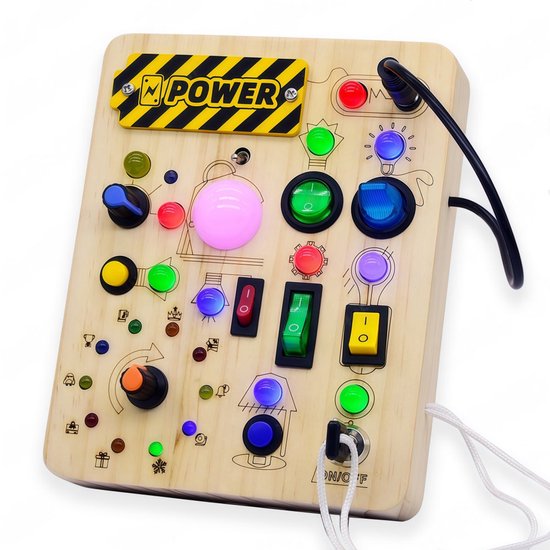 COOAU - Houten Busy Board met LED Verlichte Knoppen - Montessori Elektrische Schakelaar Sensorisch Spelbord voor Peuters - Fijne Motoriek Vroegonderwijs Leerspeelgoed voor Jongens Meisjes
