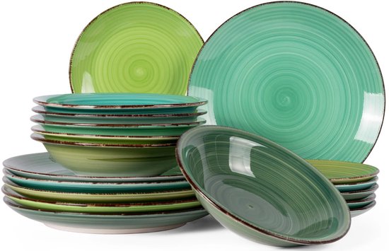 Cookinglife Serviesset Delice Groen 18-delig – 6 Personen – Bevat 6 Dinerborden, 6 Diepe Borden en 6 Ontbijtborden – Aardewerk met Diepgroene Reactive Glaze – Vaatwasser- en Magnetronbestendig – Luxe Serviesset met Stijlvolle Uitstraling