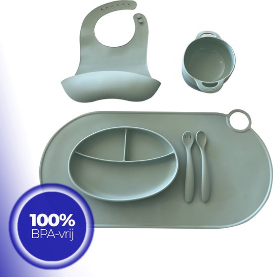COOL'R® - Silicone Baby Servies - 3-Delig Kinderservieset - Baby slabbertje - Baby bordje - Baby Peuter Bestek - Kinderservies - Baby lepel - Baby vork - Kraamcadeau van COOL'R®