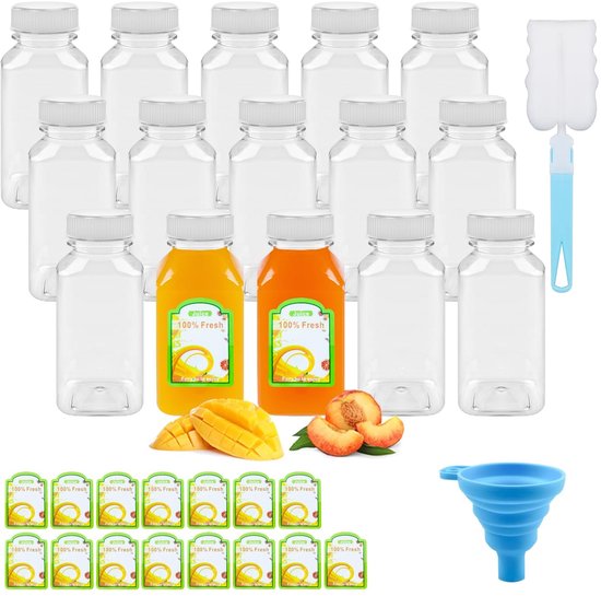 Cosensi - 15 Pcs Juice Bottles - Herbruikbare Plastic Flessen - Met Lids en Accessoires - 250ml - Voor Dranken en Sappen - Ideaal voor Mini Fridge