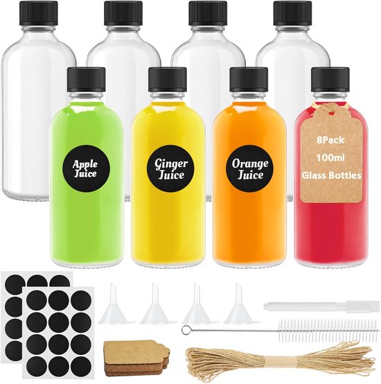 Cosensi - Glas Bottels - Mini Shot Flesjes - 8 Stuks - 100ml - Voor Essentiële Olie - Inclusief Labels en Pen - Ideaal voor Reizen en Feestjes