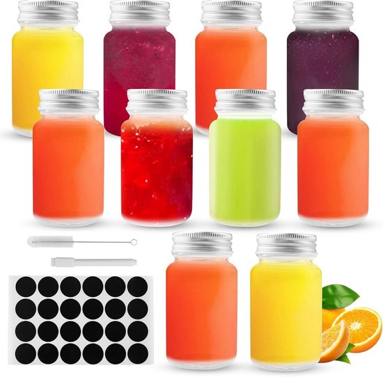 Cosensi - Mini glazen shotflessen om te vullen, 10 stuks met trechter en etiketten, herbruikbare drinkflessen - sap, gember, wellness, shot, proeven, reizen. van Cosensi