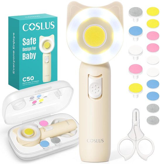 COSLUS Elektrische Baby Nagelvijl & Nageltrimmer - 16-in-1 Nagelverzorgingsset met 360° LED-Licht - Voor Pasgeborenen, Baby's & Peuters - Fluisterstil - Beige van Merkloos
