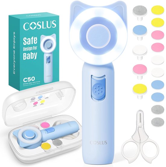 COSLUS Elektrische Baby Nagelvijl & Nageltrimmer - 16-in-1 Nagelverzorgingsset met 360° LED-Licht - Voor Pasgeborenen, Baby's & Peuters - Fluisterstil - Blauw