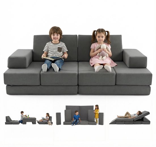 COSTWAY 12-delige modulaire kinderbank, speelbank, uitklapbaar met afneembare overtrek, bouwstenen sofa van schuim, knuffelhoek kinderkamer, kinderspeelbank voor kinderen vanaf 3 jaar