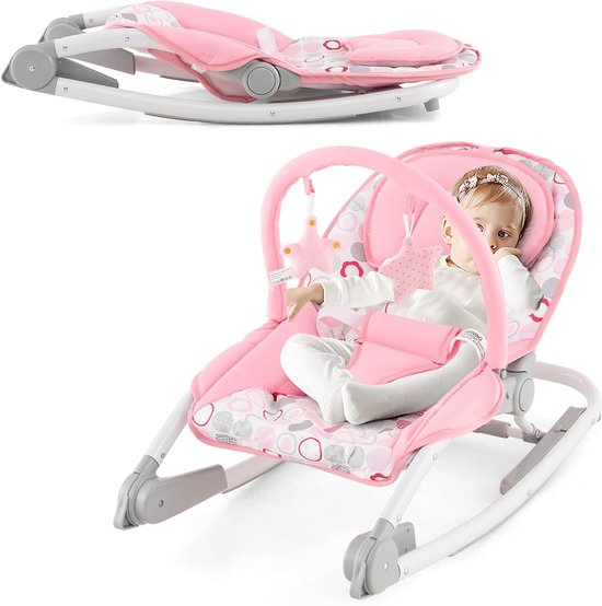 COSTWAY 2-in-1 babywip, inklapbaar, draagbare babyschommel met 3-traps verstelbare rugleuning en afneembare speelboog, babywip met veiligheidsgordel, babywieg tot 9 kg belastbaar (roze)