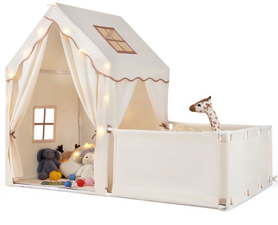 COSTWAY 2-in-1 kindertent met looprek, kinderspeelhuis voor binnen met mat & lichtketting, grote kinderspeeltent, speelgebied 177 x 97 x 136 cm, tent kinderkamer voor jongens en meisjes (beige)