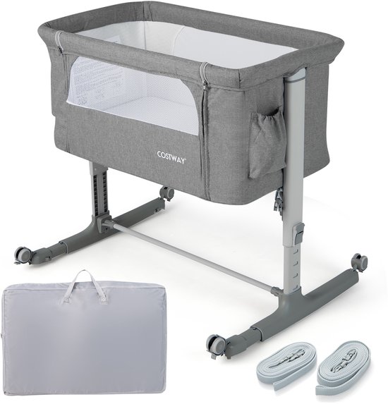 COSTWAY 3-in-1 bijzetbed & babywieg & reisbed, 5-traps in hoogte verstelbaar babybed, 10° helling, kinderbed incl. matras, draagtas, wieg voor baby's tot 9 kg belastbaar (lichtgrijs) van COSTWAY
