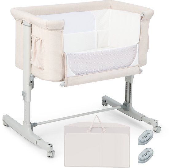 COSTWAY 3 in 1 co-sleeper & wieg & reiswieg, in 5 standen in hoogte verstelbaar wiegje, kantelbaar, bedje incl. matras, reiswieg, wiegje voor baby's tot 9kg (beige) van Merkloos