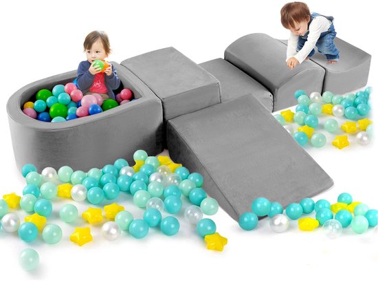 COSTWAY 5-delige schuimbouwstenen, reuzenbouwstenen met ballenbad, grote bouwstenen om te ravotten en te klimmen, klimblokken, zachte bouwstenen (bruin) van Merkloos