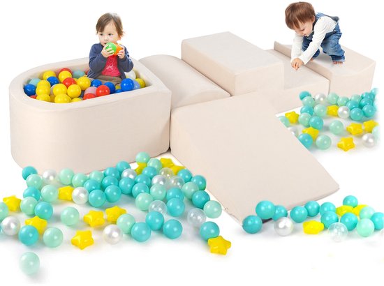 COSTWAY 5-delige schuimbouwstenen, reuzenbouwstenen met ballenbad, grote bouwstenen om te ravotten en te klimmen, klimblokken, zachte bouwstenen voor speelkamer, kinderkamer (beige) van COSTWAY