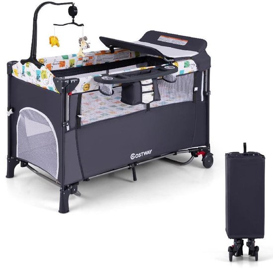 COSTWAY 5-in-1 babybed 120 x 60 cm, 2 niveaus reisbed met matras, aankleedkussen, speelgoed, muziekbox en draagtas, opvouwbaar bijzetbed mobiel 4-traps verstelbaar voor baby's tot 15 kg (zwart)