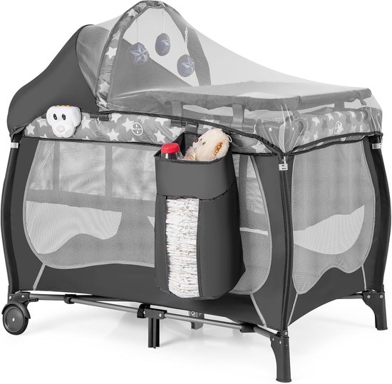 COSTWAY 5-in-1 babybed, draagbaar bijzetbed, reisbed met opvouwbaar matras, luiertafel, baldakijn, speelboog en muziekdoos, wieg met wieltjes, draagtas voor baby's tot 36 maanden (grijs) van COSTWAY
