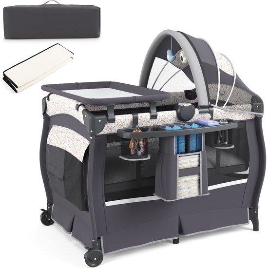 COSTWAY 5-in-1 reisbed met matras, bijzetbed inklapbaar met verstelbare luifel, babybed met aankleedkussen, muziekdoos en draagtas, kinderreisbed tot 15 kg belastbaar (bloemen)