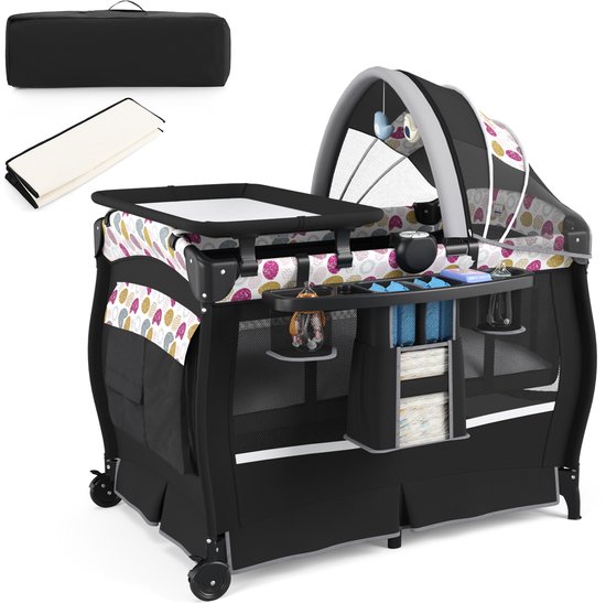 COSTWAY 5-in-1 reisbed met matras, bijzetbed inklapbaar met verstelbare luifel, babybed met aankleedkussen, muziekdoos en draagtas, kinderreisbed tot 15 kg belastbaar (cirkel)
