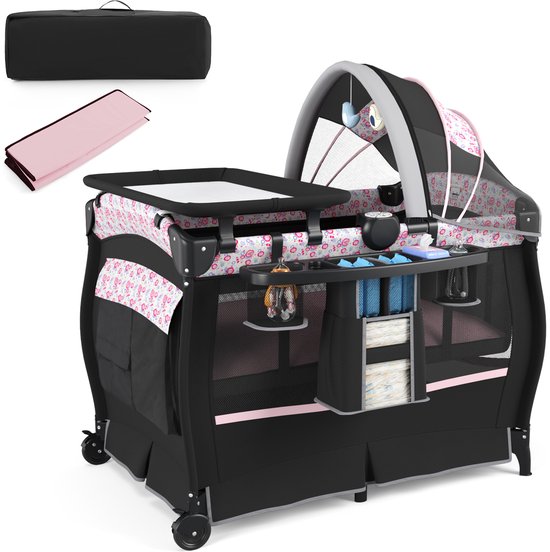 COSTWAY 5-in-1 reisbed met matras, bijzetbed inklapbaar met verstelbare luifel, babybed met aankleedkussen, muziekdoos en draagtas, kinderreisbed tot 15 kg belastbaar (roze bloemen) van Merkloos