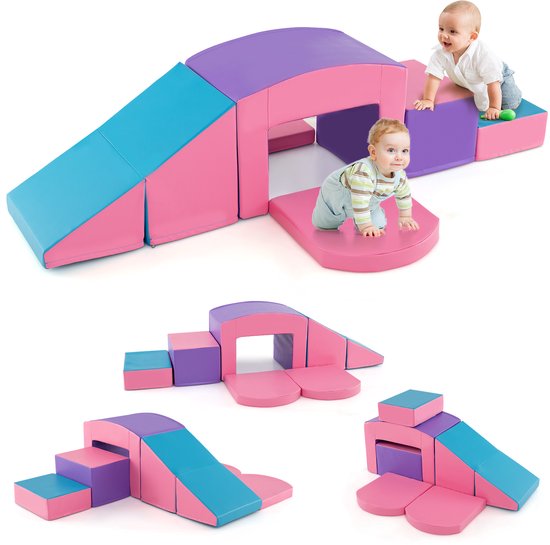 COSTWAY 6-delige schuimbouwstenen, zachte bouwstenen met tune, trap en helling, reuzenbouwstenen om te klimmen en ravotten, grote bouwstenen van schuim, klimblokken, voor binnen, voor kinderen van Merkloos