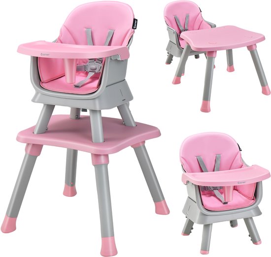 COSTWAY 6-in-1 babystoel, kinderstoel, eetkamerstoel, leertafel & bouwsteentafel & kinderzitgroep, kinderstoel met veiligheidsgordel en afneembaar dienblad, babystoel, combi-kinderstoel van Merkloos