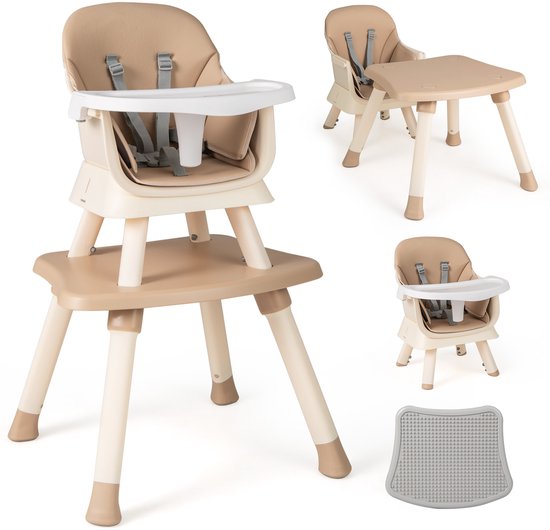 COSTWAY 6-in-1 babystoel, kinderstoel, eetstoel, leertafel, bouwsteentafel, kinderzitgroep, kinderstoel met veiligheidsgordel en afneembaar dienblad, babystoel, combi-kinderstoel (koffie) van Merkloos