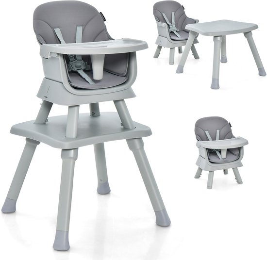 COSTWAY 6-in-1 babystoel, kinderstoel, eetstoel, leertafel, bouwsteentafel, kinderzitgroep, kinderstoel met veiligheidsgordel en afneembaar dienblad, babystoel, combikinderstoel, grijs van Merkloos