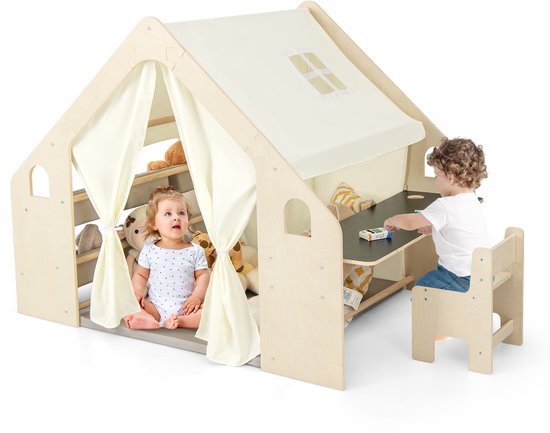COSTWAY 6-in-1 houten kindertent met kindertafel, stoel en kinderrek, kinderspeelhuis met mat, schoolbord, opbergdozen, krijtdoos, speeltent, speelhuis voor kinderen vanaf 2 jaar (met 6 dozen)