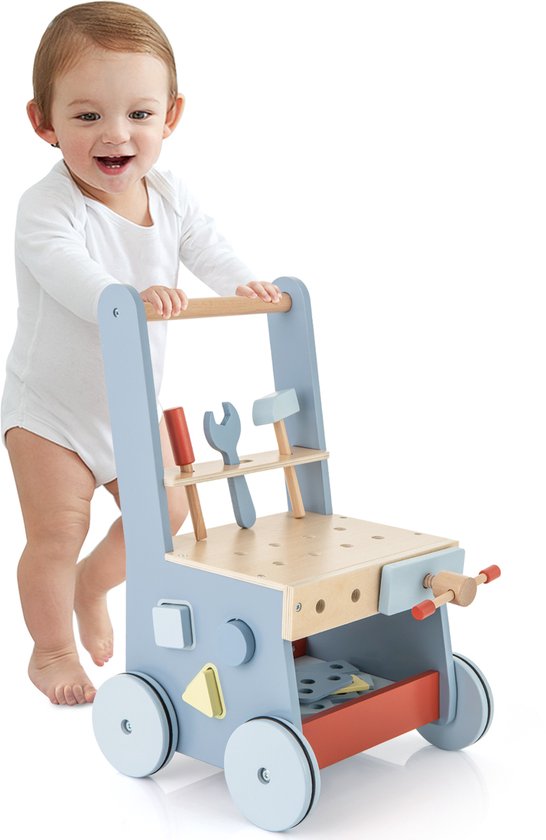 COSTWAY Houten loopwagen, loophulp met multi-activiteitencentrum, kinderwerkbank, speeltafel, Montessori-speelgoed, loopwagen voor kinderen vanaf 1 jaar van Merkloos