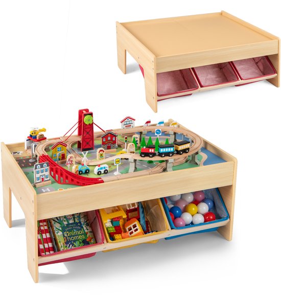 COSTWAY Houten spoorbaanset met tafel, 94-delige spoorwegset met 2 omkeerbare tafelbladen, 3 stoffen laden, 2-in-1 speeltafel met accessoires van hout, activiteitstafel voor kinderen vanaf 3 jaar