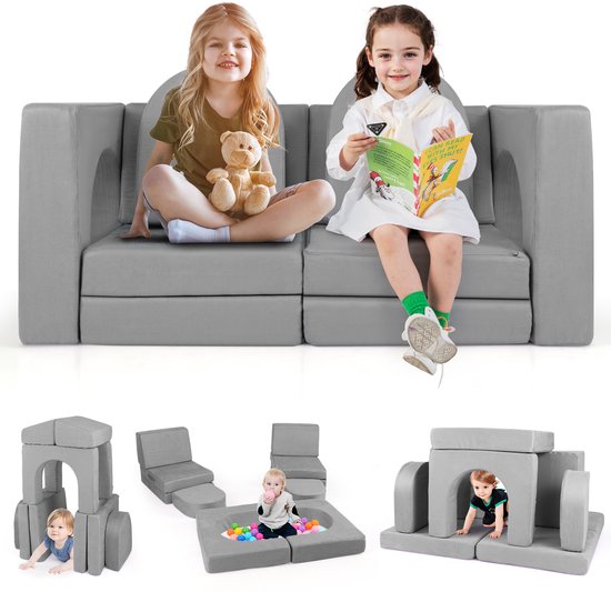 COSTWAY Kinderbank, 8-delig, speelbank van schuimrubber, bouwstenen met comfortabele suède, modulaire speelbank voor kinderen om te spelen, grijs van COSTWAY