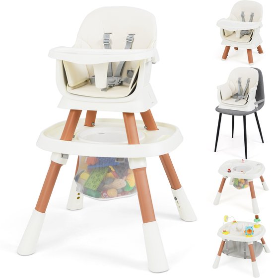 COSTWAY kinderstoel 16 in 1, kinderstoel & speelgoedtafel & bouwblokkenbord & kinderstoel & zitverhoger met afneembaar dienblad, 5-puntsgordel & mand, kinderstoel voor kinderen vanaf 6 maanden (wit) van COSTWAY