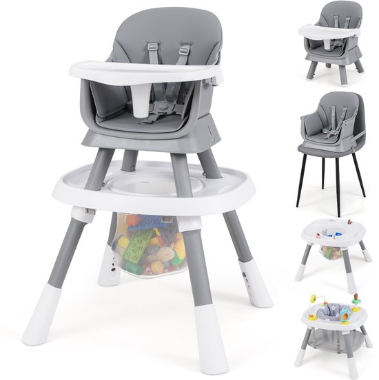 COSTWAY kinderstoel Baby 16 in 1, kinderstoel & speelgoedtafel & bouwblokkenbord & kinderstoel & zitverhoger met afneembaar dienblad, 5-puntsgordel & mand, kinderstoel voor kinderen vanaf 6 maanden (grijs)