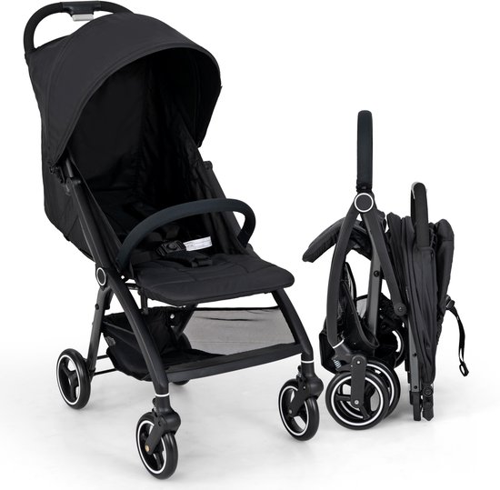 COSTWAY Kinderwagen met één hand inklapbaar, reisbuggy licht met verstelbare rugleuning en kap, babywagen met 5-punts gordel en opbergmand, kinderbuggy tot 15 kg belastbaar (zwart)