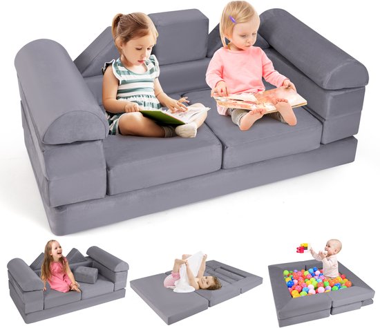 COSTWAY Modulaire kinderbank, 9-delige speelbank van schuimrubber, bouwstenen met comfortabele suède, modulaire bank voor kinderen om te spelen, creatief te zijn, te slapen (grijs) van Costway