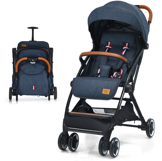 COSTWAY Opvouwbare kinderbuggy met verstelbare rugleuning en kap, reisbuggy met ligfunctie, 5-punts veiligheidsgordel voor baby's tot 3 jaar, belastbaar tot 15 kg, blauw van Merkloos