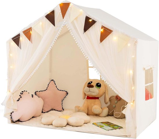 COSTWAY Speelhuis voor kinderen, binnen, kindertent met mat en verlichting, speeltent voor kinderen, prinsessenkinderspeelhuis, kinderkamer, decoratieve tent voor jongens en meisjes vanaf 3 jaar