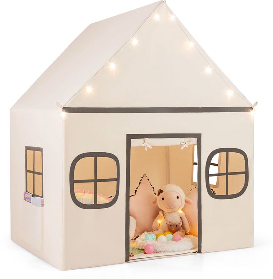 COSTWAY Speelhuis voor kinderen, indoor, kindertent met sterrenlichten en gevoerde mat, speeltent met deurgordijn en ramen, kinderspeelhuis voor jongens en meisjes vanaf 3 jaar (beige + bruin) van COSTWAY