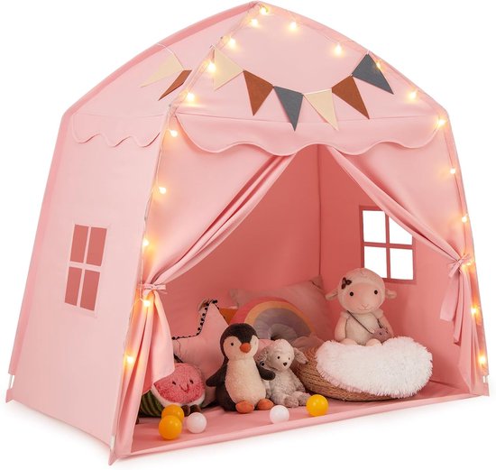 COSTWAY Speelhuisje voor kinderen, kindertent met vlaggen en lichtkettingen, prinsessenspeeltent, grote tent voor kinderkamer voor jongens en meisjes vanaf 3 jaar, 157 x 98 x 148 cm (roze)