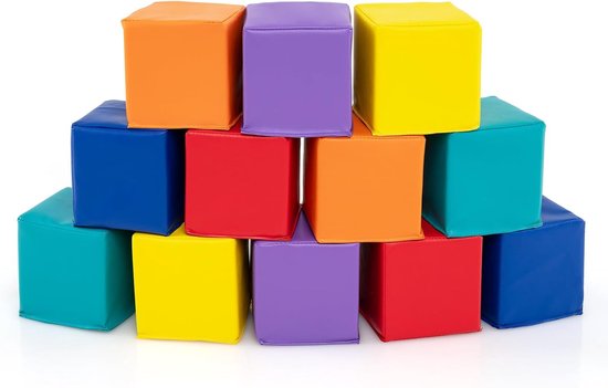 COSTWAY Zachte Schuimrubberen Bouwstenen voor Baby’s en Kinderen – 12-delige Set, 14x14 cm, Veilige en Kleurrijke Klimblokken van EPE Schuim met PU-Hoes, Veelzijdig Speelgoed voor 1+ Jaar