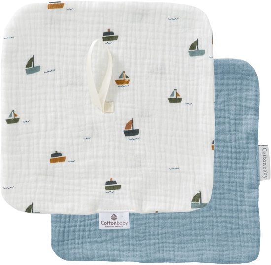Cottonbaby Set van 2 Cottonsoft Speendoekjes – Bootjes en uni oudblauw – Zacht, Wasbaar & Duurzaam – Geschikt voor Speen – 20x20 cm van Merkloos