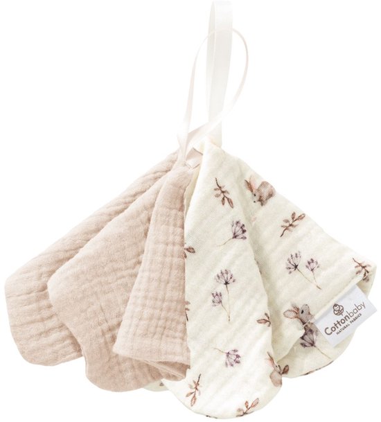 Cottonbaby Set van 2 Speendoekjes - katoenen hydrofiel - rabbits en beige - 20x20 cm.