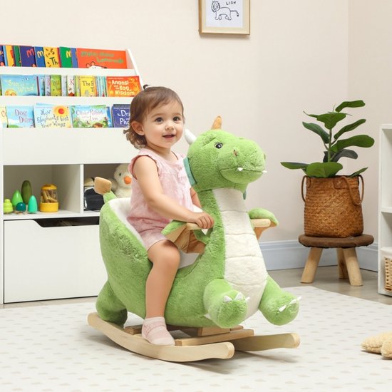 COVREO Schommeldier 65 x 38 x 72 cm groen, dinosaurus van pluche stof en hout