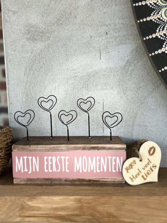 Creaties van Hier - fotohouder 5 hartclips met hartje - baby roze - 15 cm - Kraamcadeau - baby van Merkloos